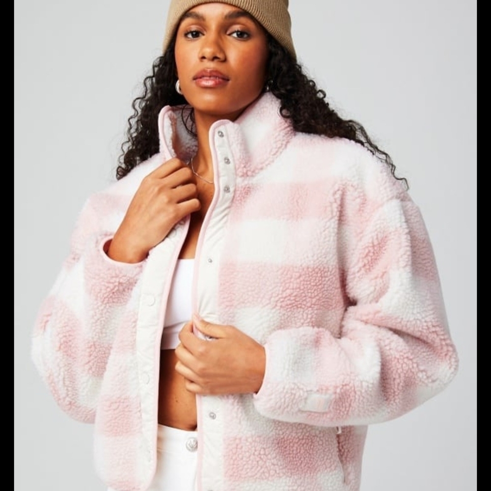 Fabletics Pink and White Plaid Teddy Jacket